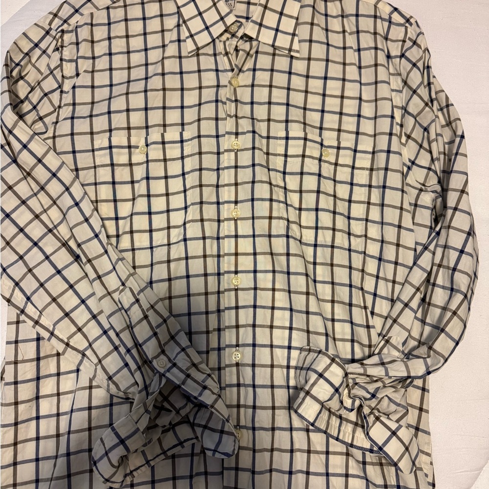 Peter Millar Cream and Blue Plaid Shirt